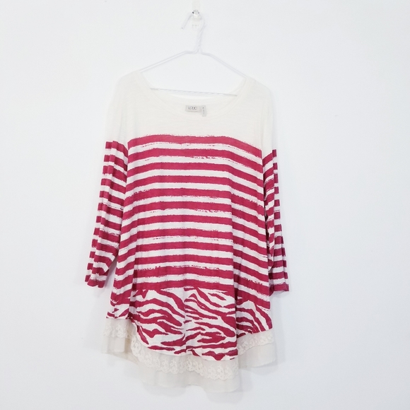 LOGO Lori Goldstein Striped Lace Hem Tunic Blouse